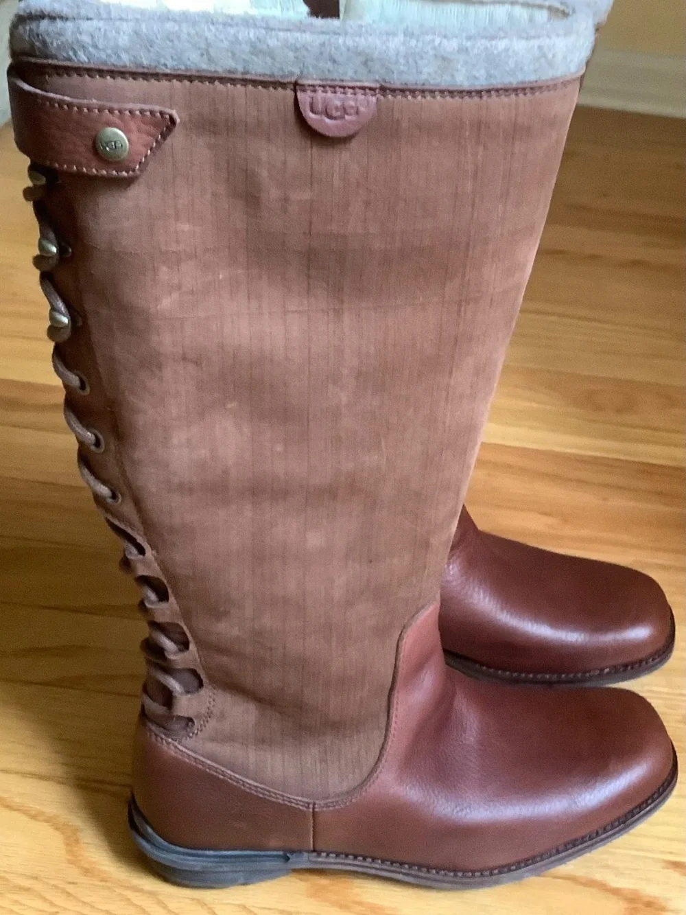 UGG Smithfield Brown Suede Leather Lace Up Winter Riding Boots SZ 9